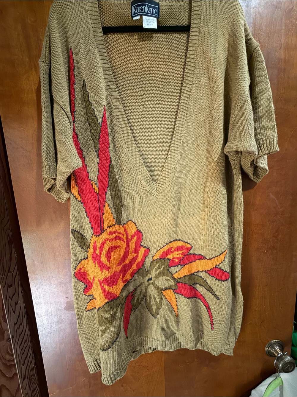 Karen Kane Olive V-Neck Sweater with Red & Orange Floral Motif